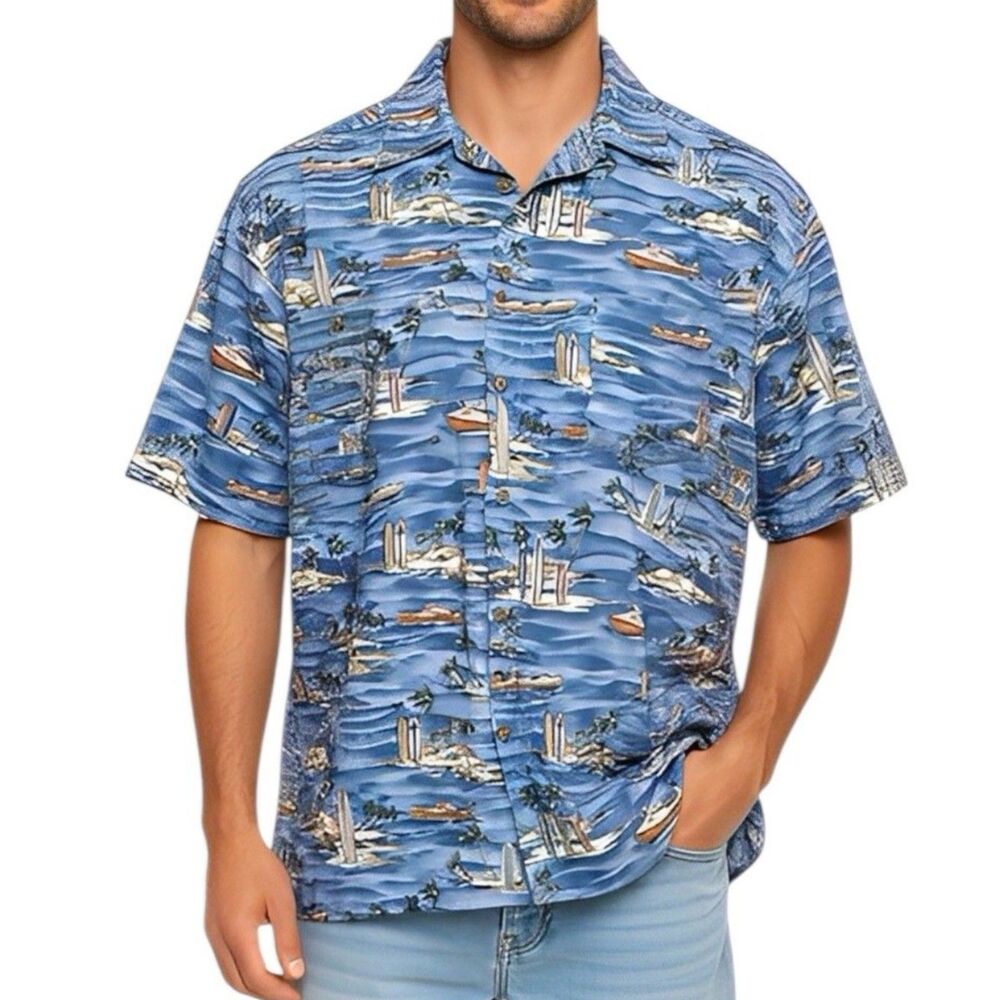 Pierre Cardin Mens Shirt Button Down XL Beach Hawaiian Tropical Vacation Resort